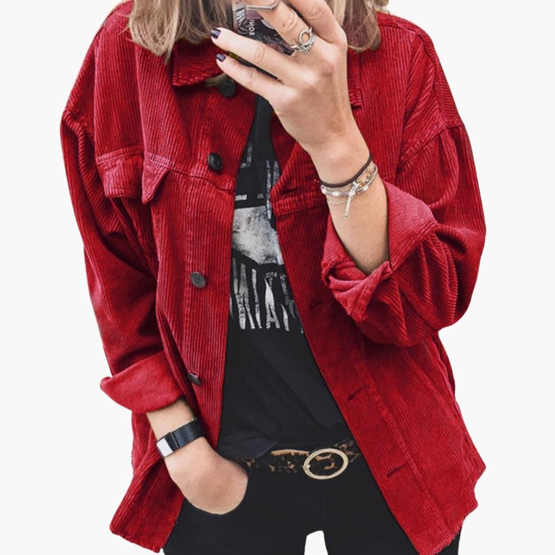 Women's corduroy jacket with patch pockets and button closure, classic casual structured outerwear