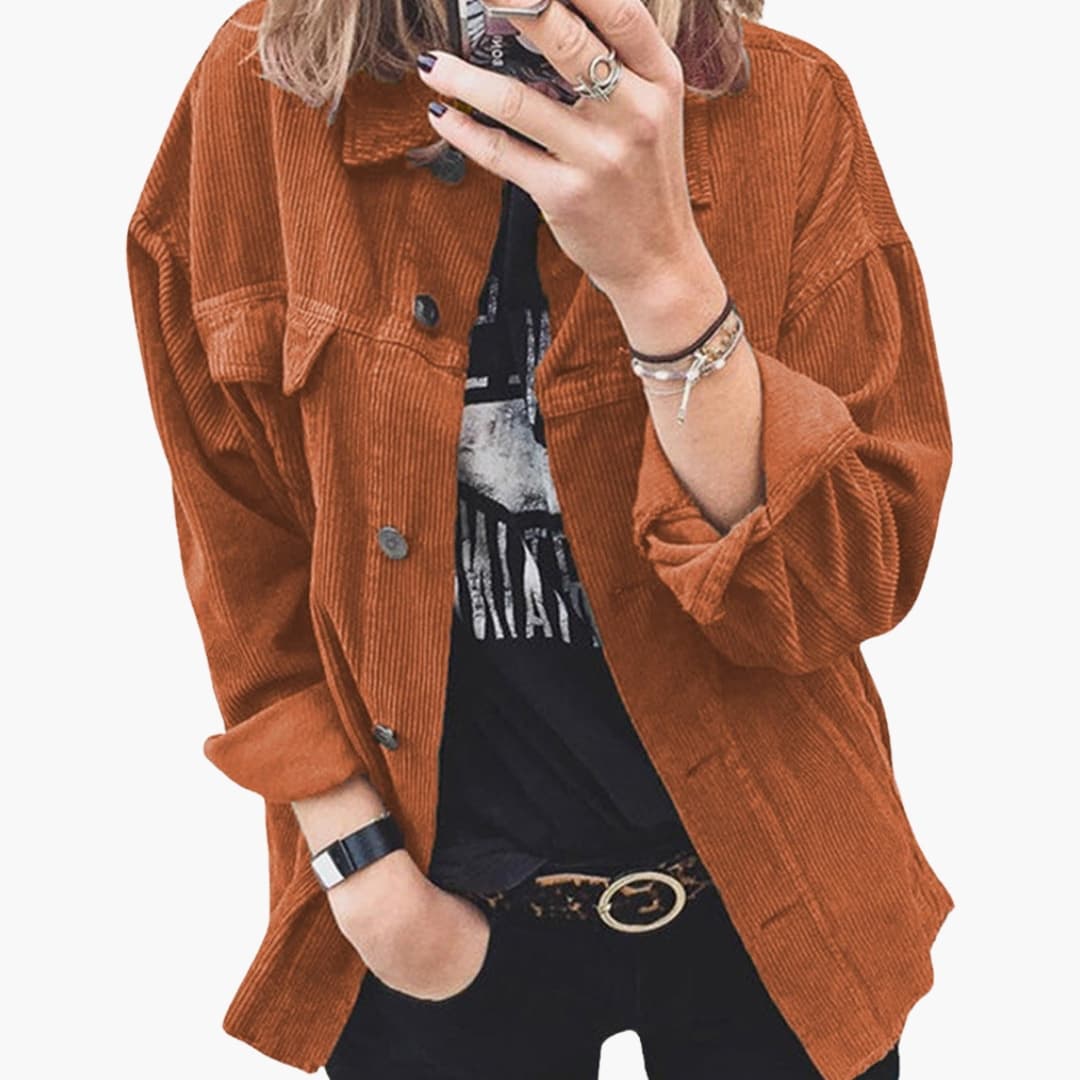 Women's brown corduroy jacket with patch pockets, button closure, and structured casual silhouette