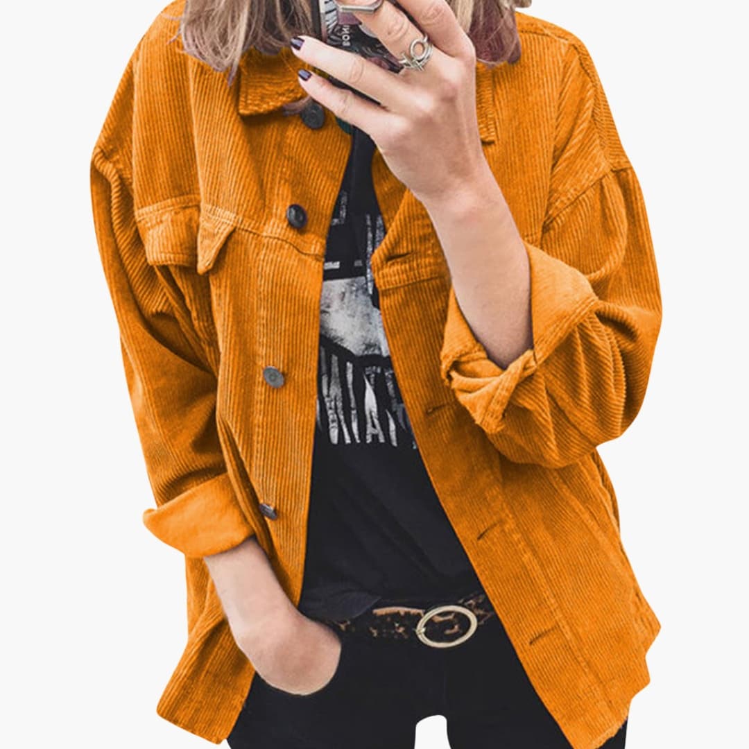Women's corduroy jacket with patch pockets and button closure, classic casual structured outerwear