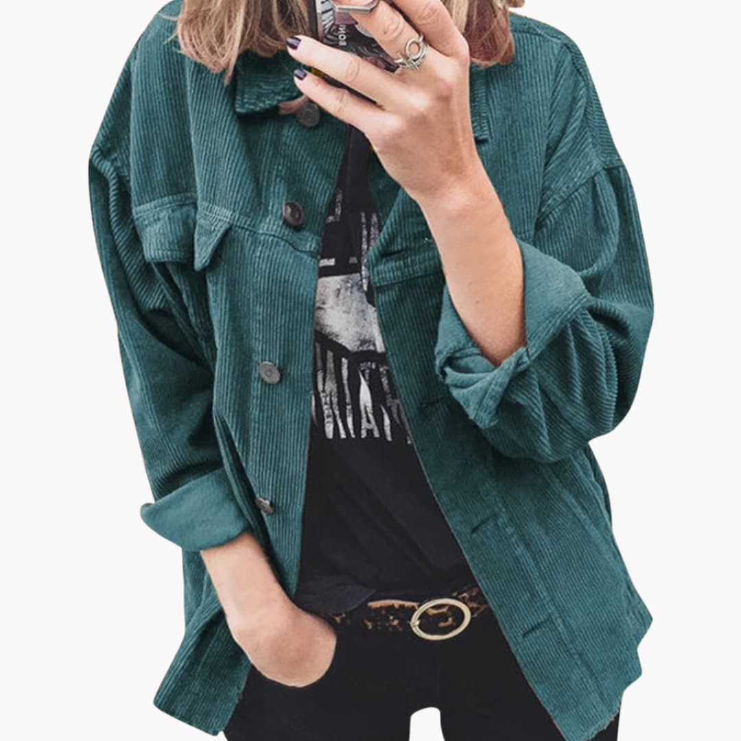 Women's corduroy jacket with patch pockets and button closure, classic casual structured silhouette