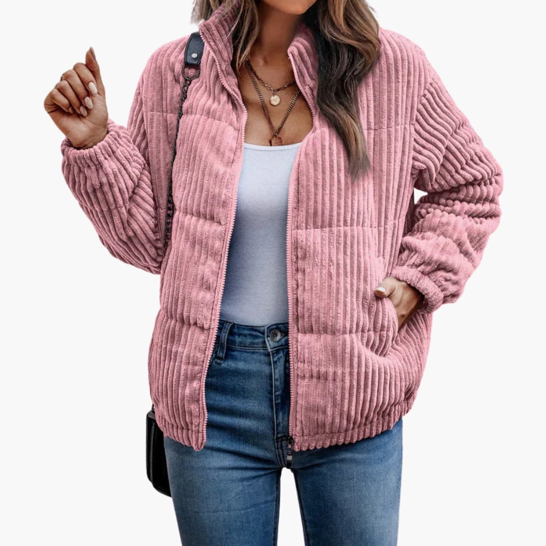 Women's ribbed zip-up jacket stand-up collar pockets textured everyday casual wear
