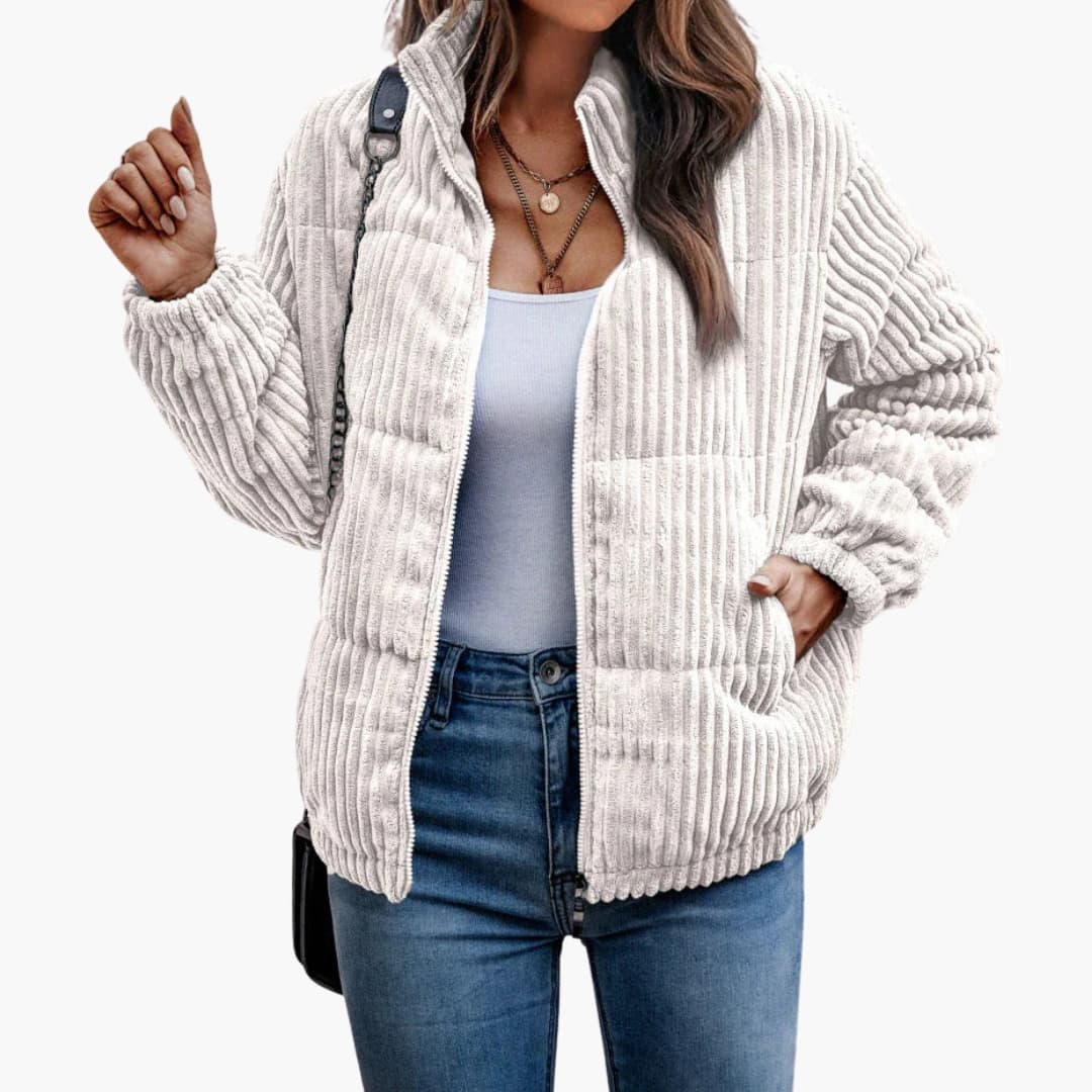Women's ribbed zip-up jacket with stand-up collar, textured exterior and side pockets for daily wear