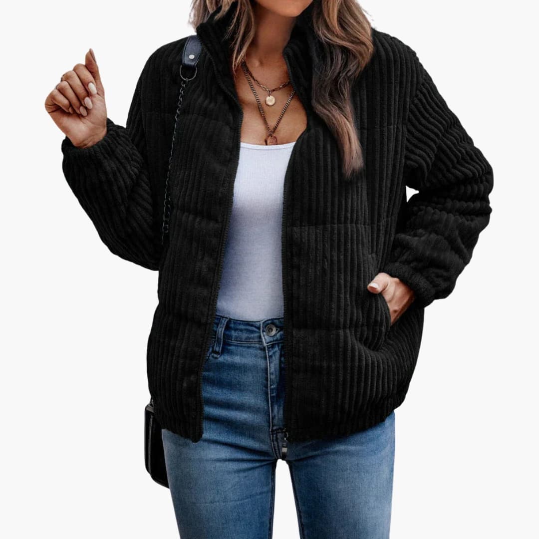 Women's ribbed zip-up jacket with stand-up collar, textured exterior and side pockets