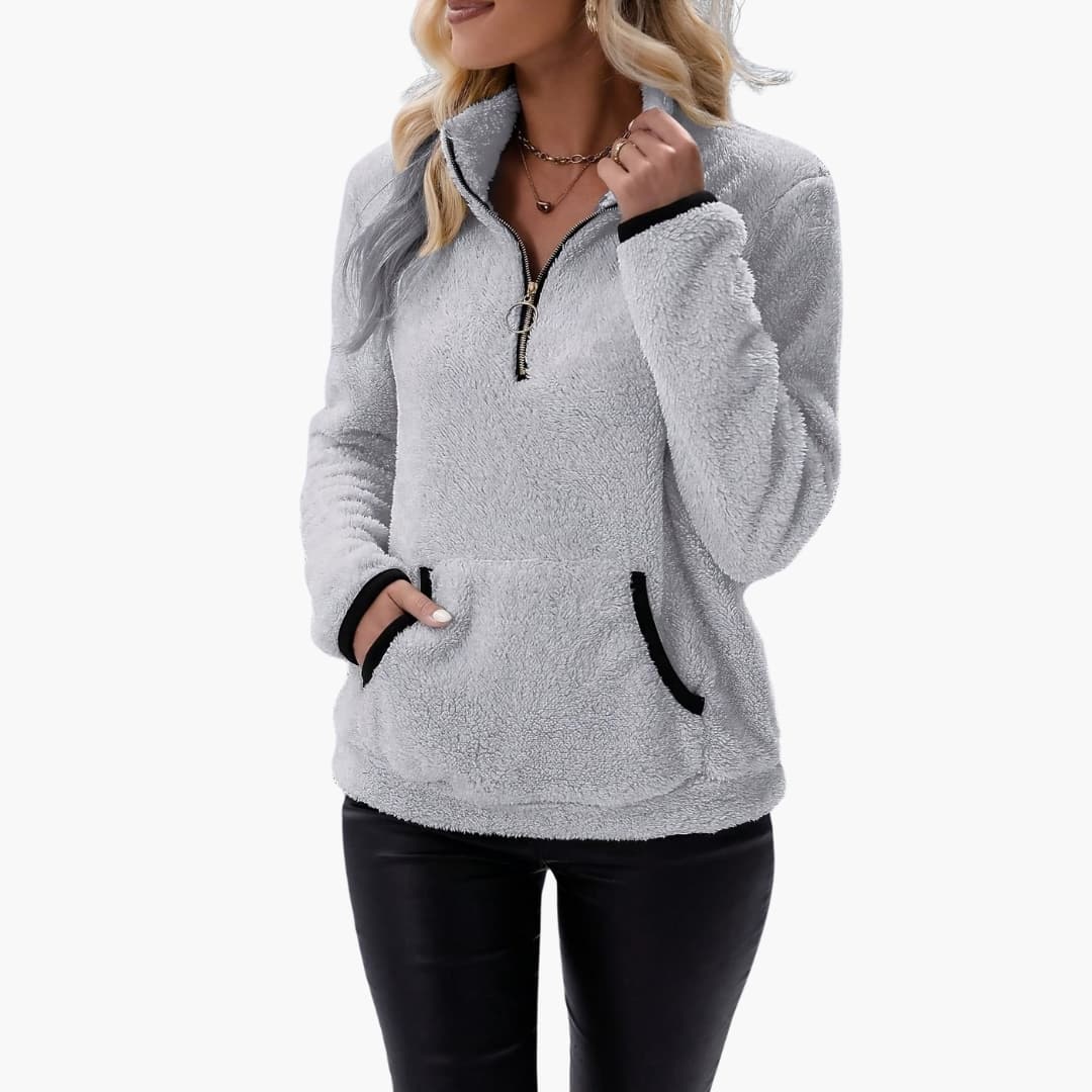 Women's fleece half-zip pullover stand-up collar kangaroo pocket cozy layering top