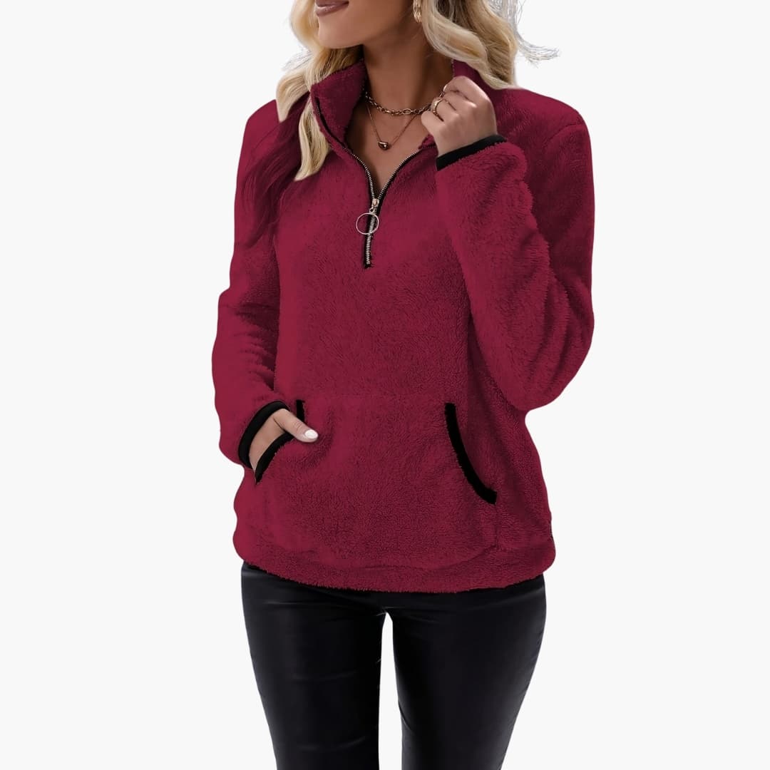 Women's fleece half-zip pullover stand-up collar kangaroo pocket cozy layering top