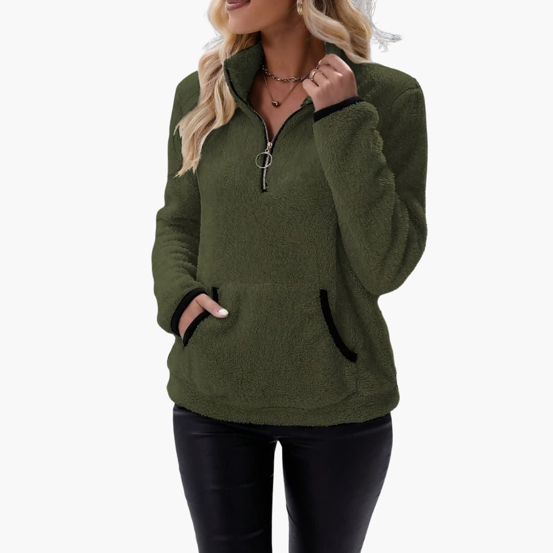 Women's fleece half-zip pullover stand-up collar kangaroo pocket cozy layering top