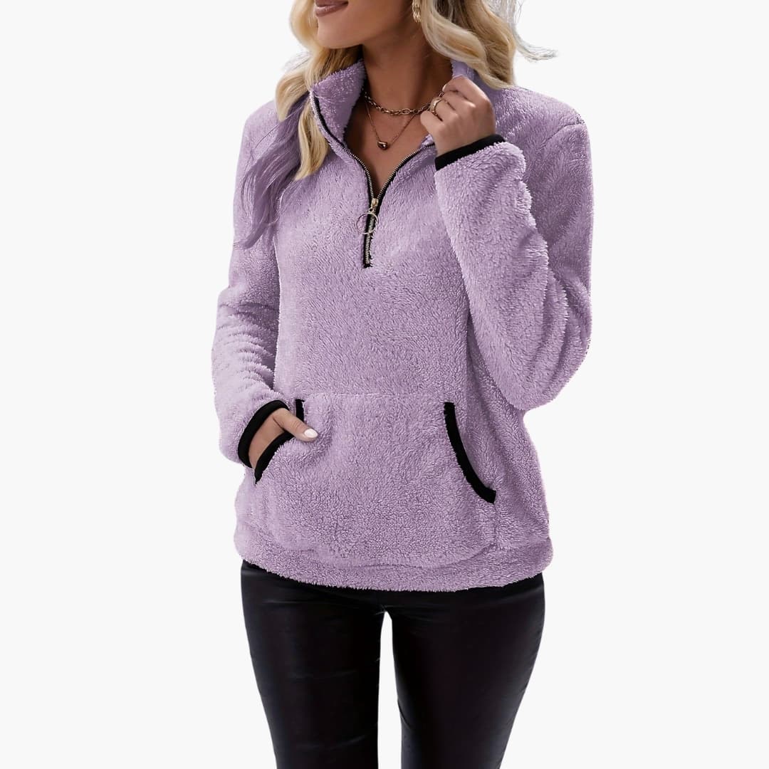 Women's fleece half-zip pullover stand-up collar kangaroo pocket cozy layering top