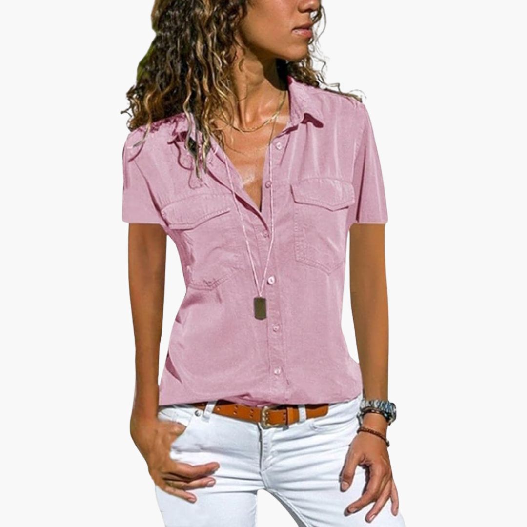 Women's white structured short sleeve blouse V-neck collar button placket front pockets lightweight
