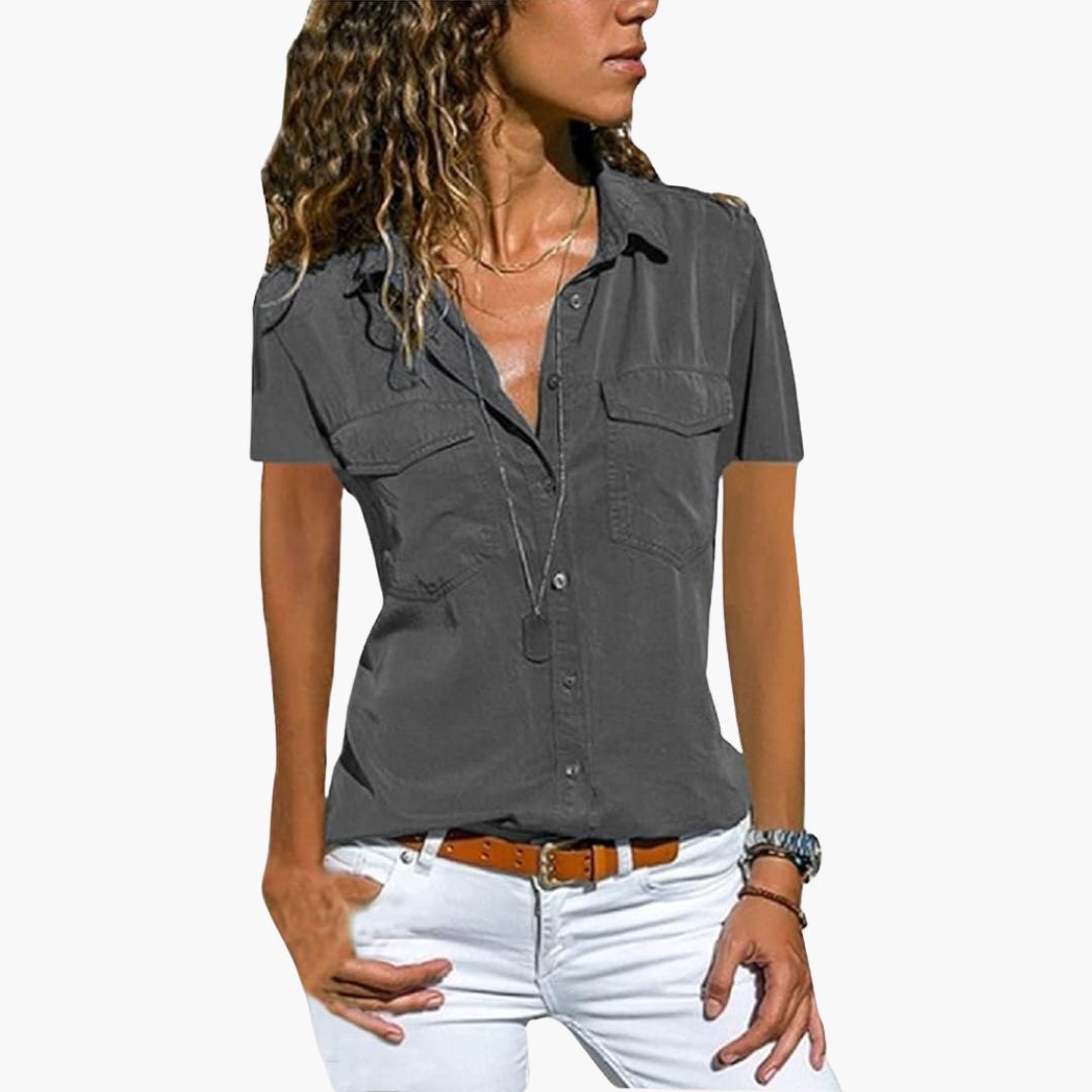 Women's white structured V-neck blouse short sleeve button placket front pockets lightweight summer top