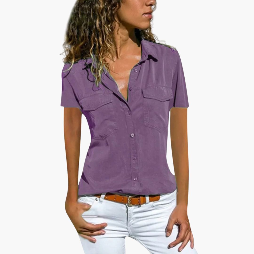 Women's white structured V-neck blouse short sleeve button placket front pockets lightweight summer