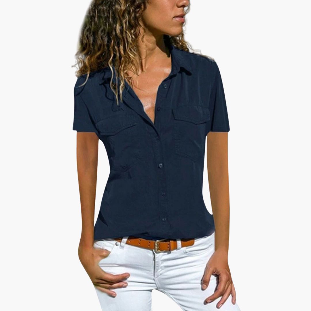 Women's lightweight structured white V-neck blouse short sleeve button placket front pockets