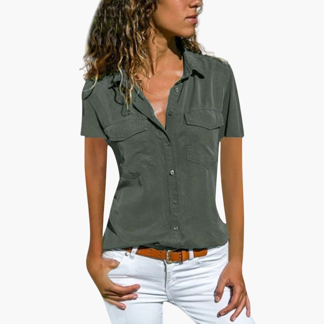 Women's white structured short sleeve blouse, V-neck collar, button placket, front breast pockets
