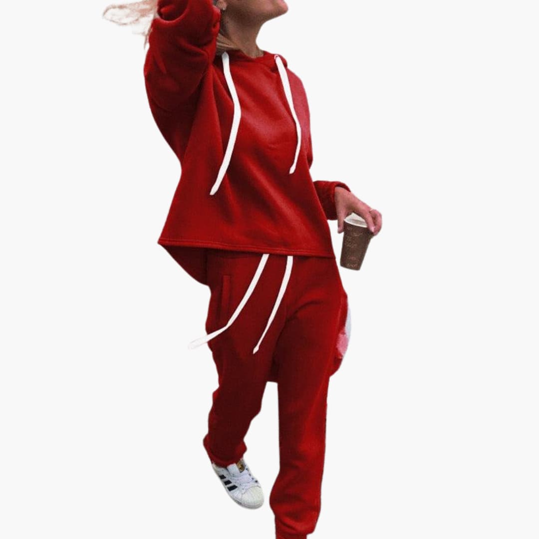 Women's fleece-lined hoodie jogger tracksuit set with drawstrings, loose-fit cozy casual wear