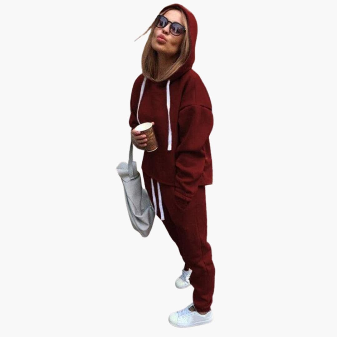 Women's fleece-lined hoodie jogger tracksuit set with drawstrings, loose-fit cozy casual style