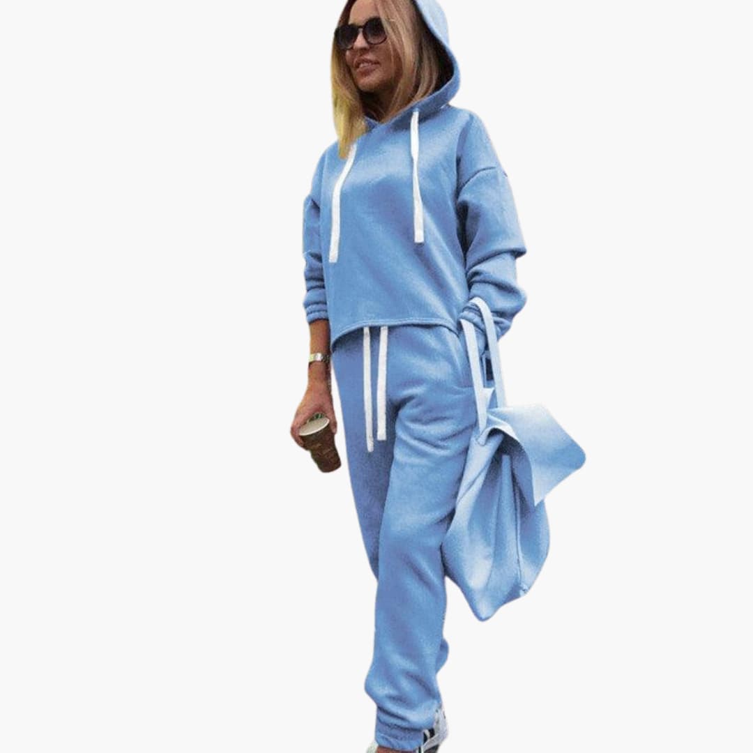 Women's fleece-lined hoodie jogger tracksuit set with drawstrings, loose-fit cozy casual style