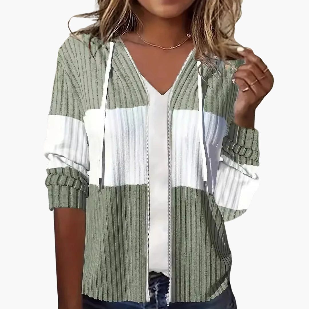 Women's zip-up hoodie sweatshirt striped ribbed texture drawstring hood long sleeves casual fit