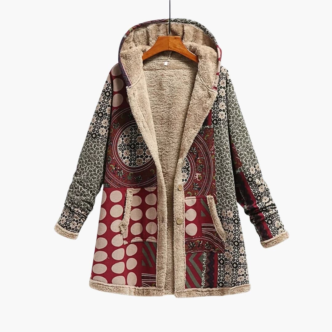Women's patchwork hooded jacket with front button closure and cozy patch pockets in casual style