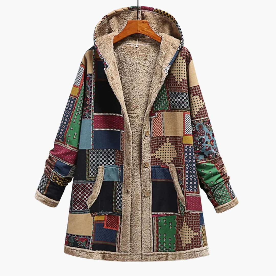 Women's patchwork hooded jacket with front button closure and cozy patch pockets everyday style
