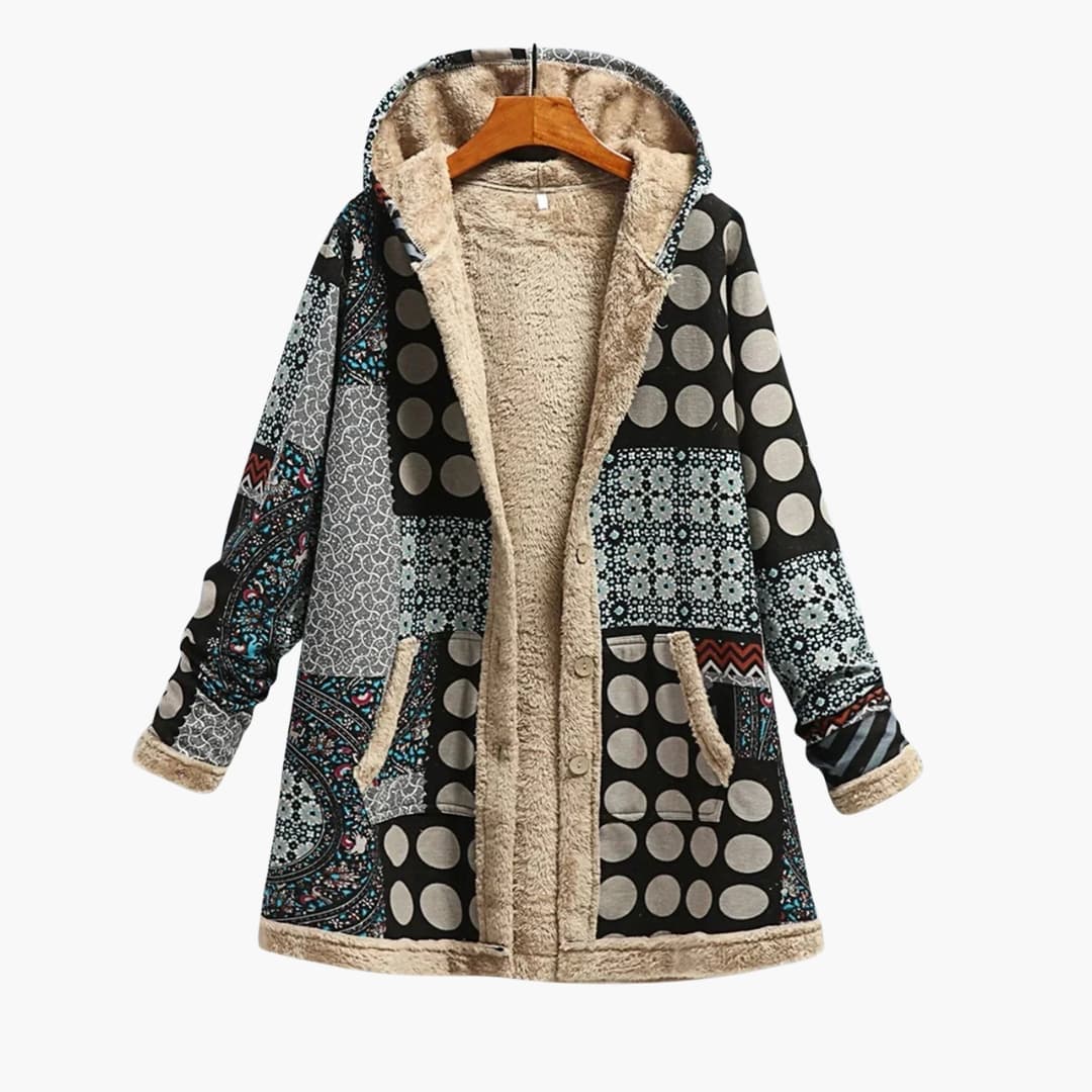 Women's patchwork hooded jacket with front button closure and cozy patch pockets casual style