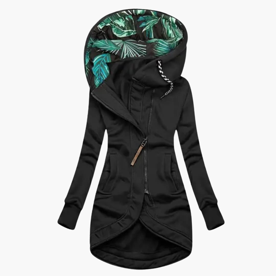 Women's black hooded jacket asymmetrical zipper high collar front pockets everyday chic style