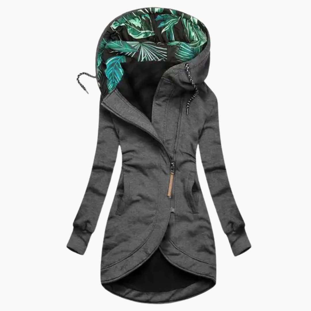 Women's black hooded jacket asymmetrical zipper high collar front pockets everyday chic style