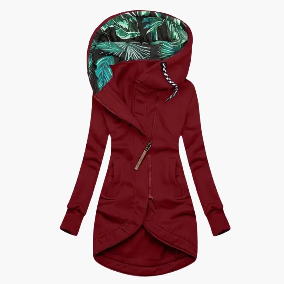 Women's hooded jacket asymmetrical zipper high collar front pockets everyday chic streetwear