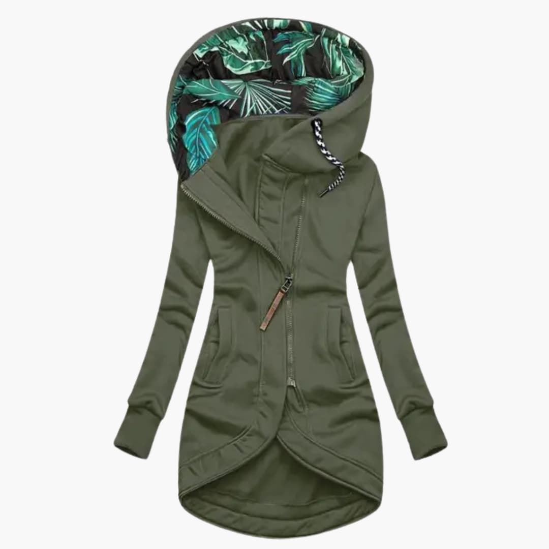 Women's black hooded jacket asymmetrical zipper high collar front pockets everyday chic style