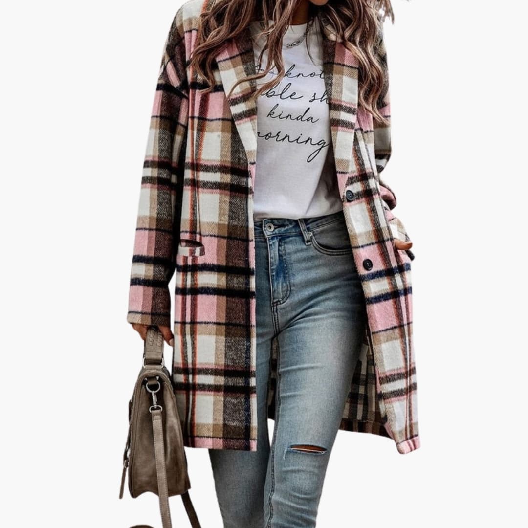 Women's checkered jacket classic collar button closure long sleeves versatile work-to-weekend style