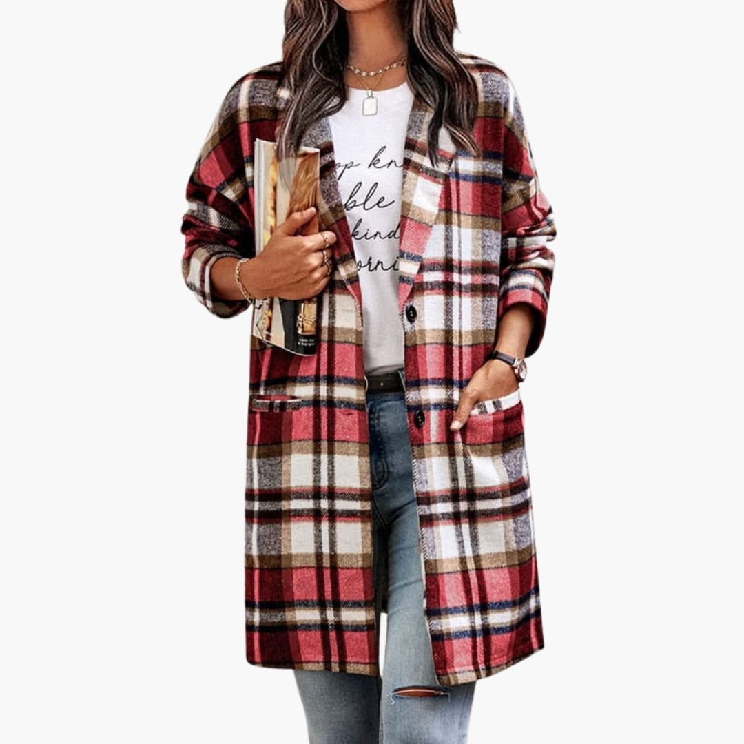 Women's checkered jacket classic collar button closure long sleeves modern professional style
