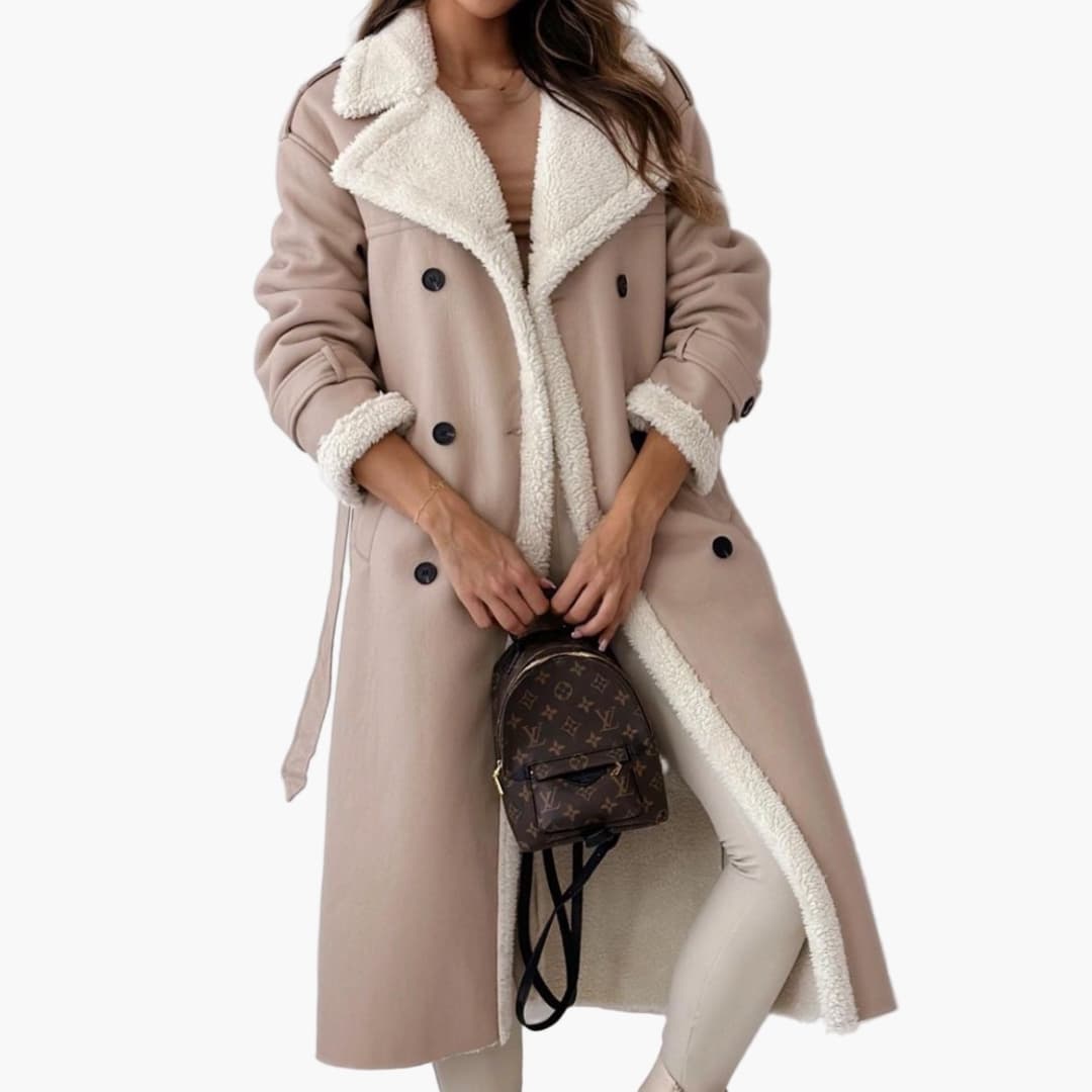 Women's elegant long coat with notched collar, faux fur trim, and front button closure for winter