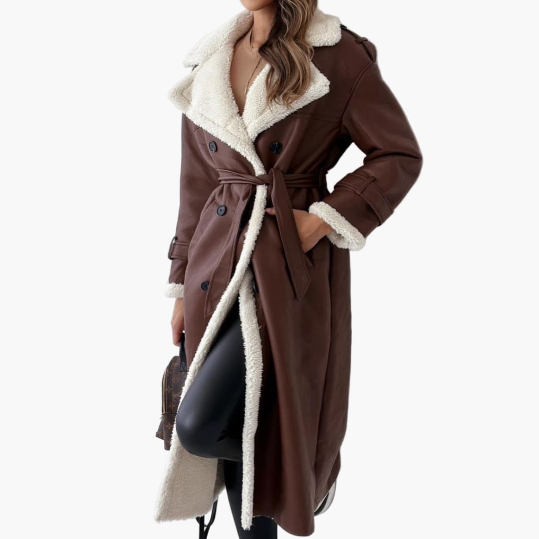Women's elegant long coat with notched collar, faux fur trim, and classic button closure for winter