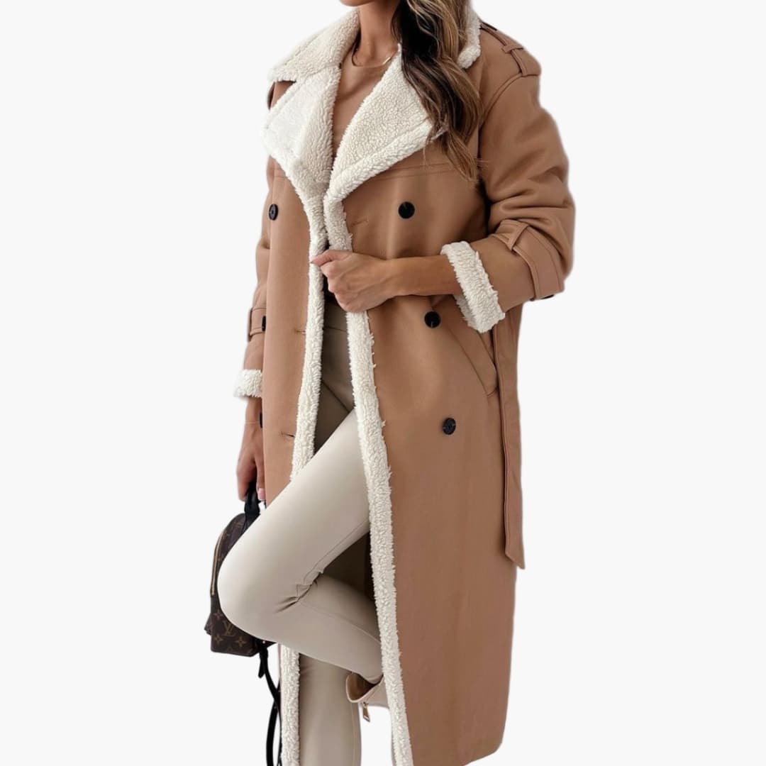 Women's elegant long coat notched collar faux fur trim cold-weather polished silhouette