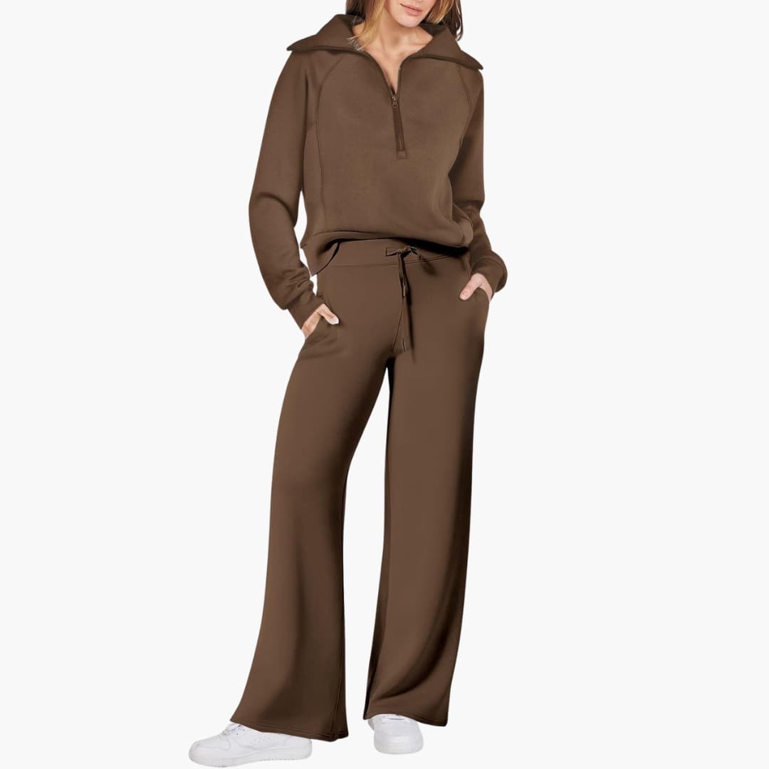 Women's knit lounge set half-zip stand-up collar wide-leg pants elastic waistband cozy homewear