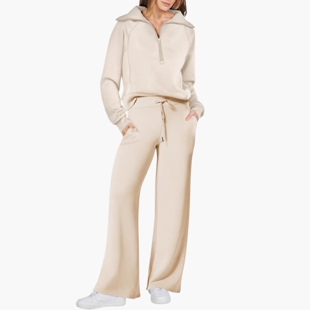 Women's knit lounge set half-zip stand collar wide leg pants elastic waistband cozy homewear