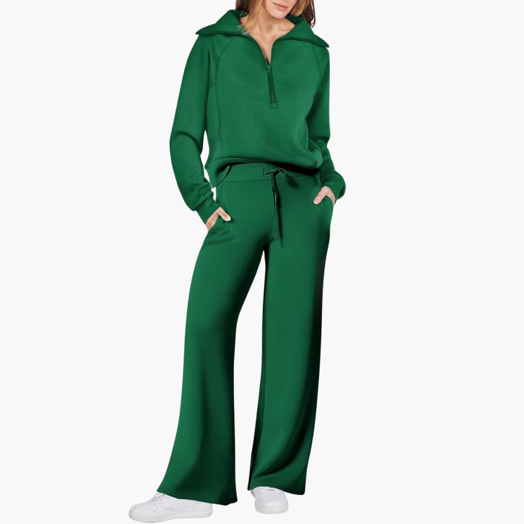 Women's knit lounge set half-zip stand-up collar wide-leg pants elastic waistband cozy homewear
