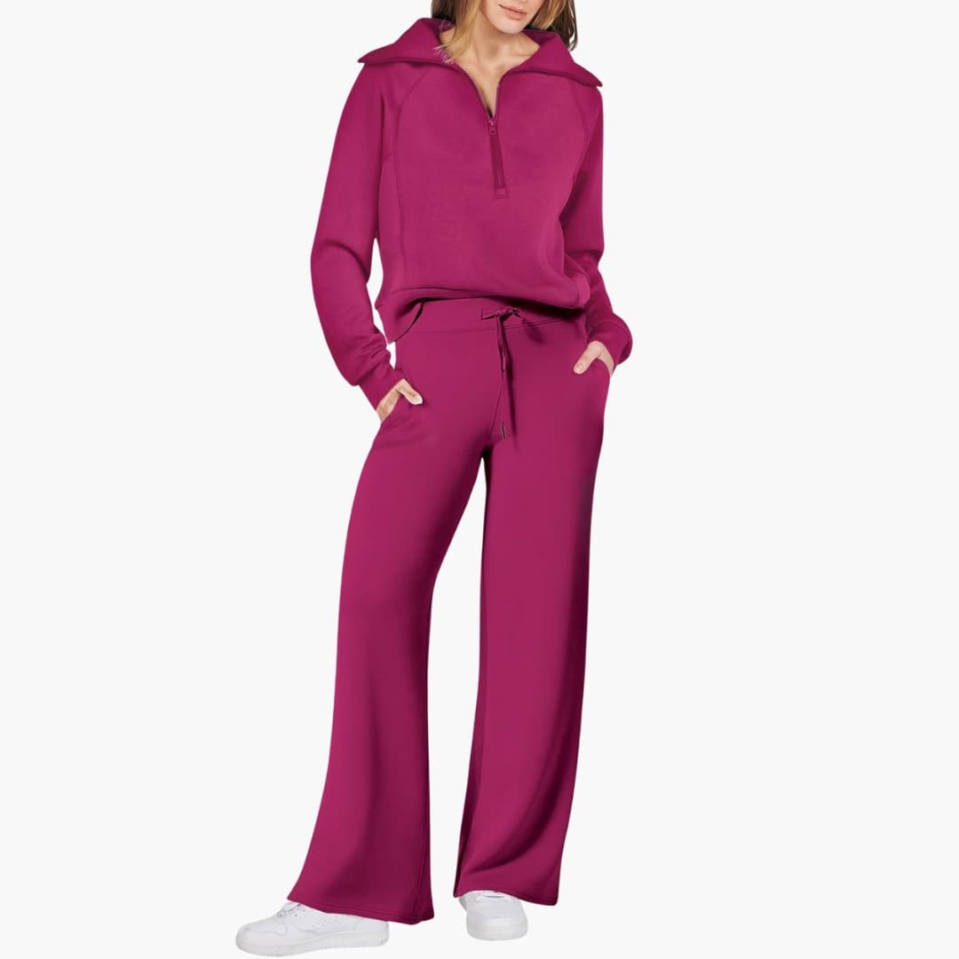 Women's knit lounge set half-zip stand collar wide leg pants elastic waistband cozy homewear