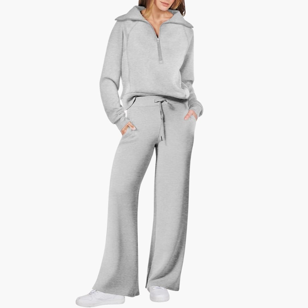 Women's knit lounge set half-zip stand-up collar wide leg pants elastic waistband cozy homewear