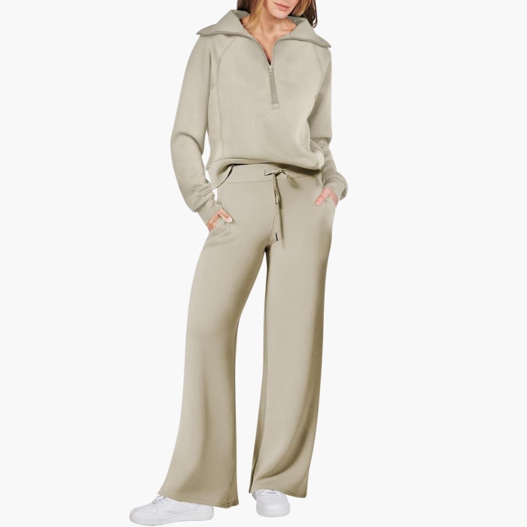 Women's knit lounge set half-zip stand-up collar wide leg pants elastic waistband cozy homewear