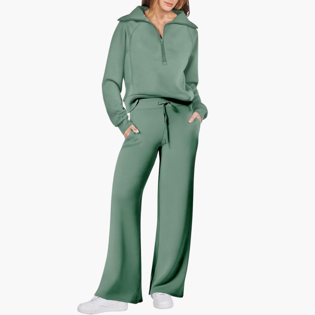 Women's knit lounge set half zip stand-up collar wide leg pants elastic waistband cozy homewear