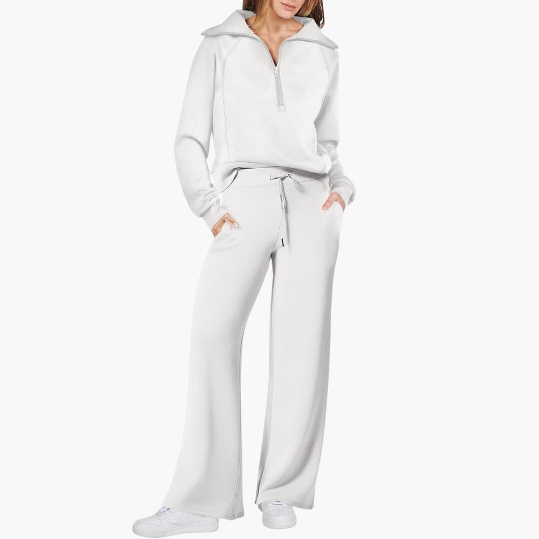 Women's knit lounge set half-zip stand-up collar wide-leg pants elastic waistband cozy homewear