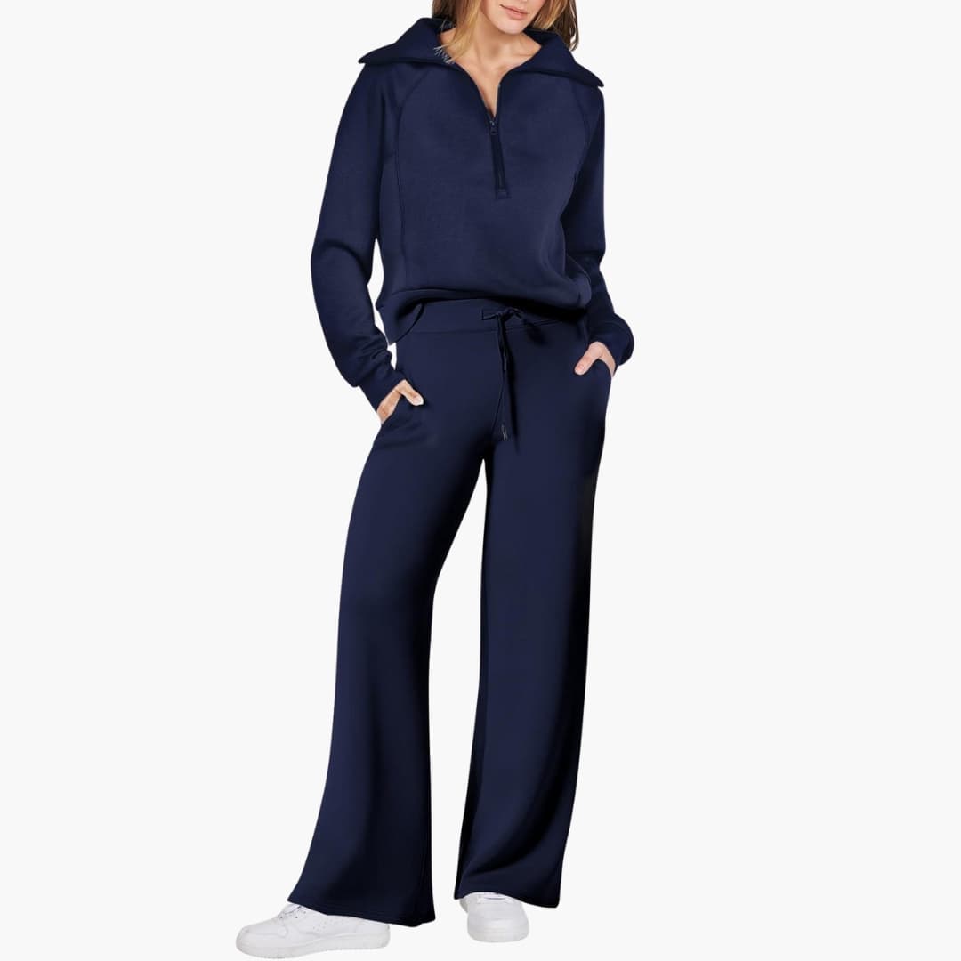 Women's knit lounge set half-zip stand-up collar wide leg pants elastic waistband cozy homewear