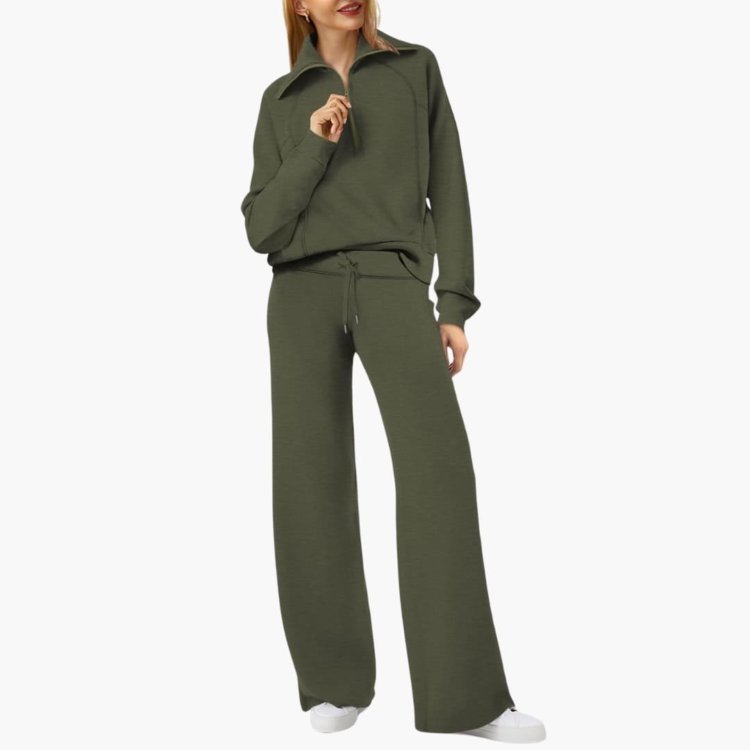 Women's knit lounge set half-zip stand-up collar wide-leg pants elastic waistband cozy homewear