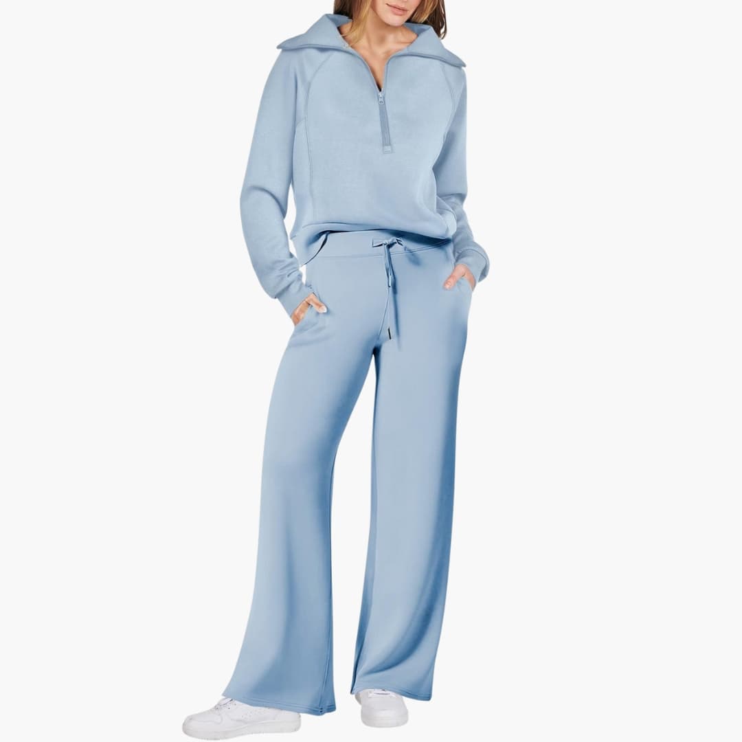 Women's knit lounge set half-zip stand-up collar wide-leg pants elastic waistband cozy homewear