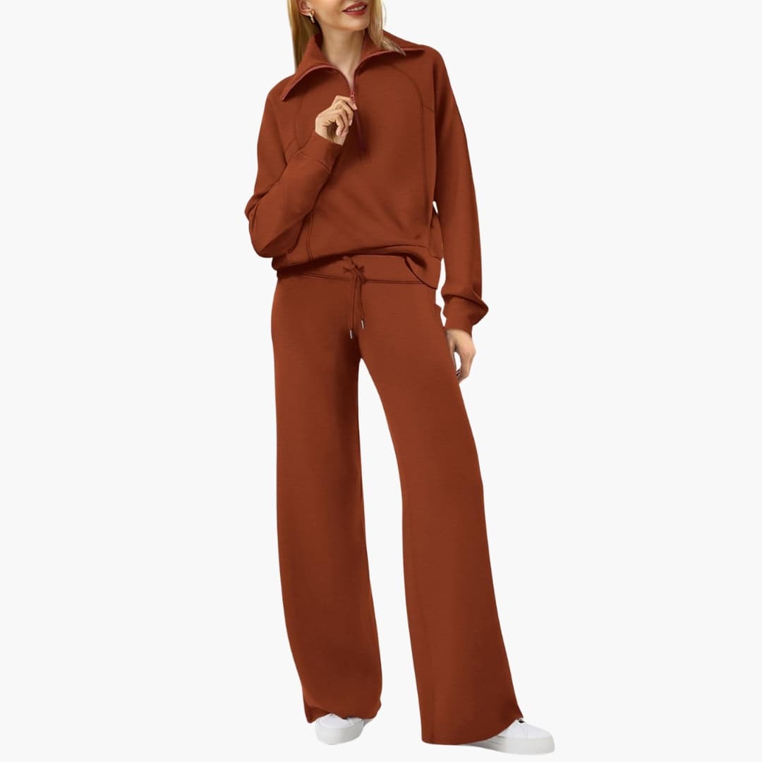 Women's knit lounge set half-zip stand-up collar wide leg pants elastic waistband cozy homewear