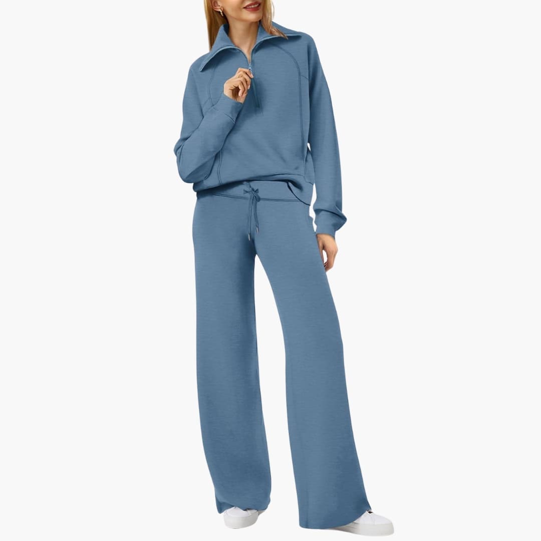 Women's knit lounge set half-zip stand-up collar wide-leg pants elastic waistband cozy homewear