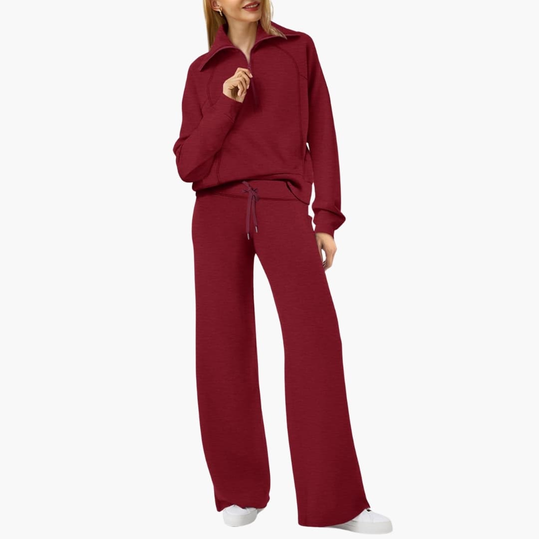 Women's knit lounge set half-zip stand-up collar wide-leg pants elastic waistband cozy homewear