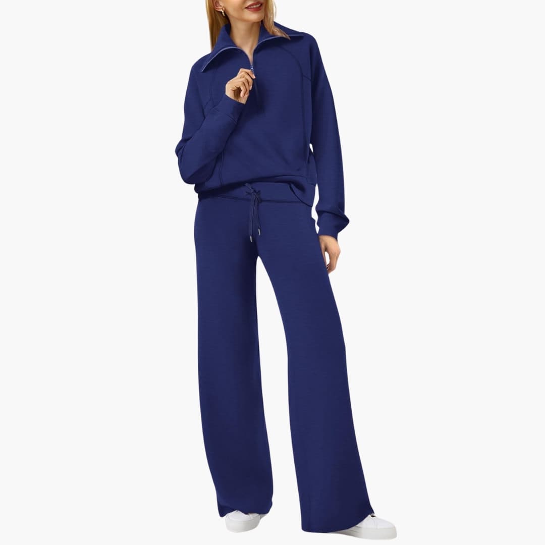 Women's knit lounge set half-zip stand-up collar wide-leg pants elastic waistband cozy homewear