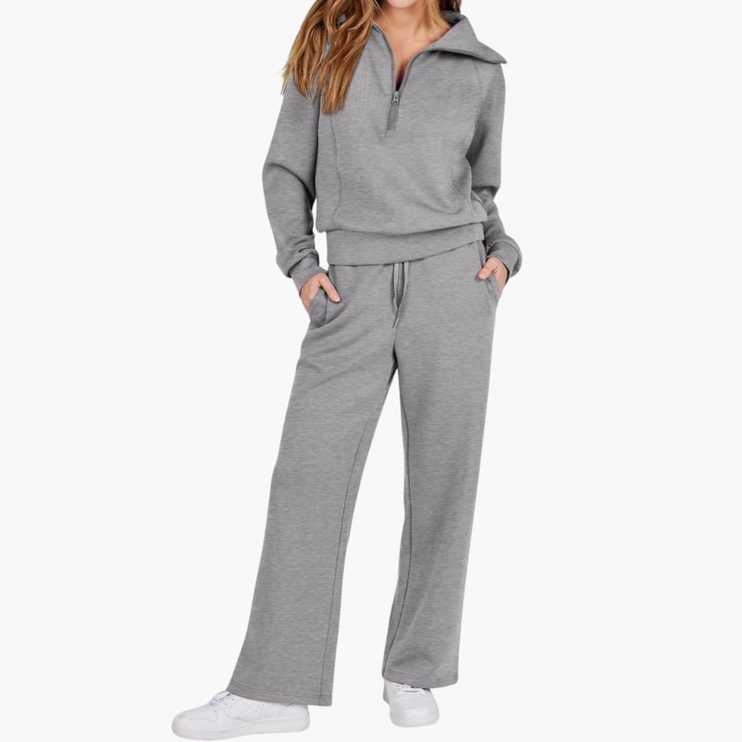 Women's knit lounge set half-zip stand-up collar wide leg pants elastic waistband cozy homewear