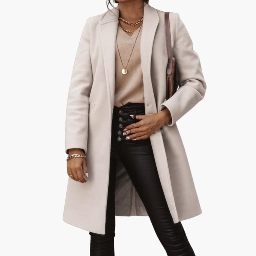 Women's elegant long coat with revers collar and button closure, classic silhouette outerwear