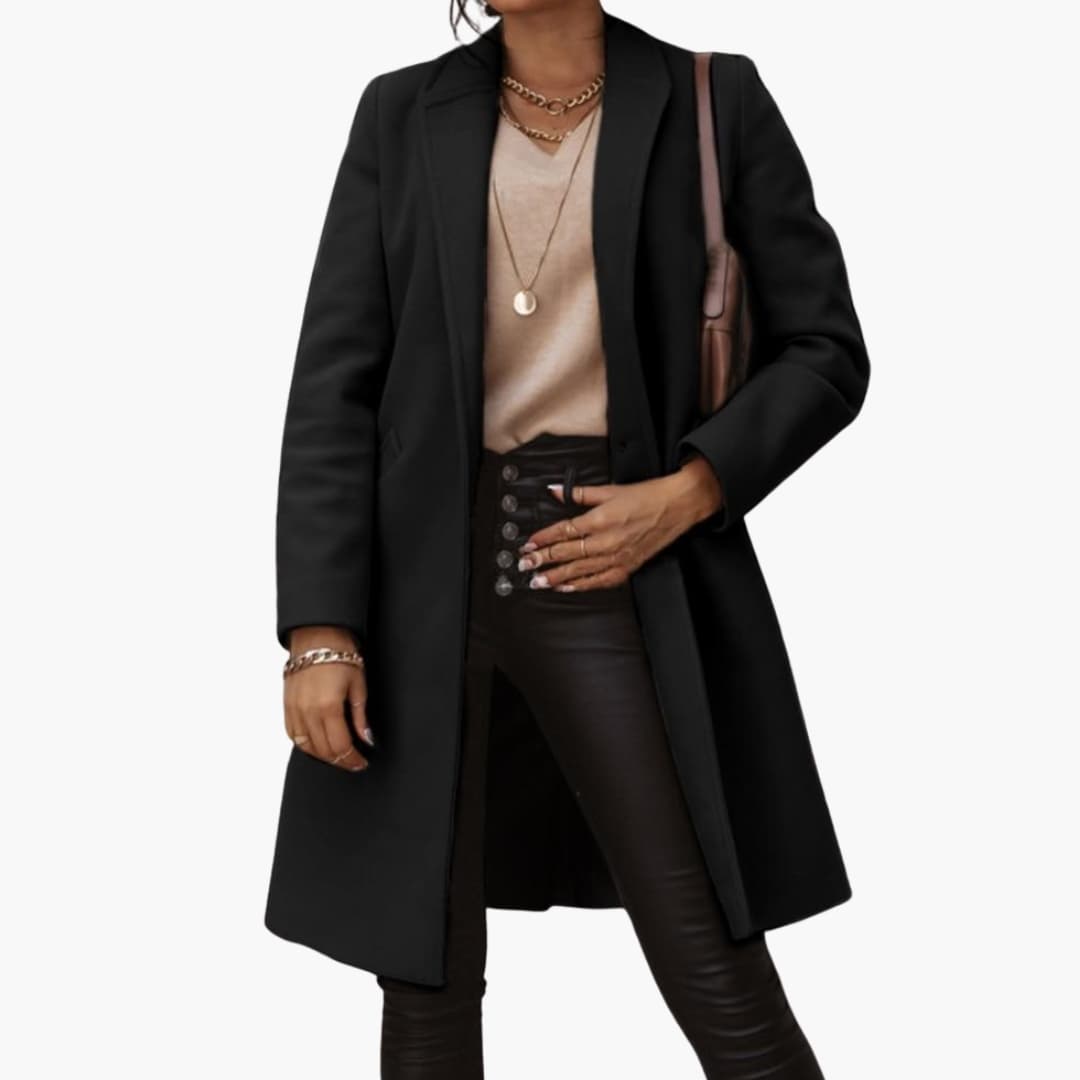 Women's elegant long coat with revers collar and front button closure, classic timeless outerwear